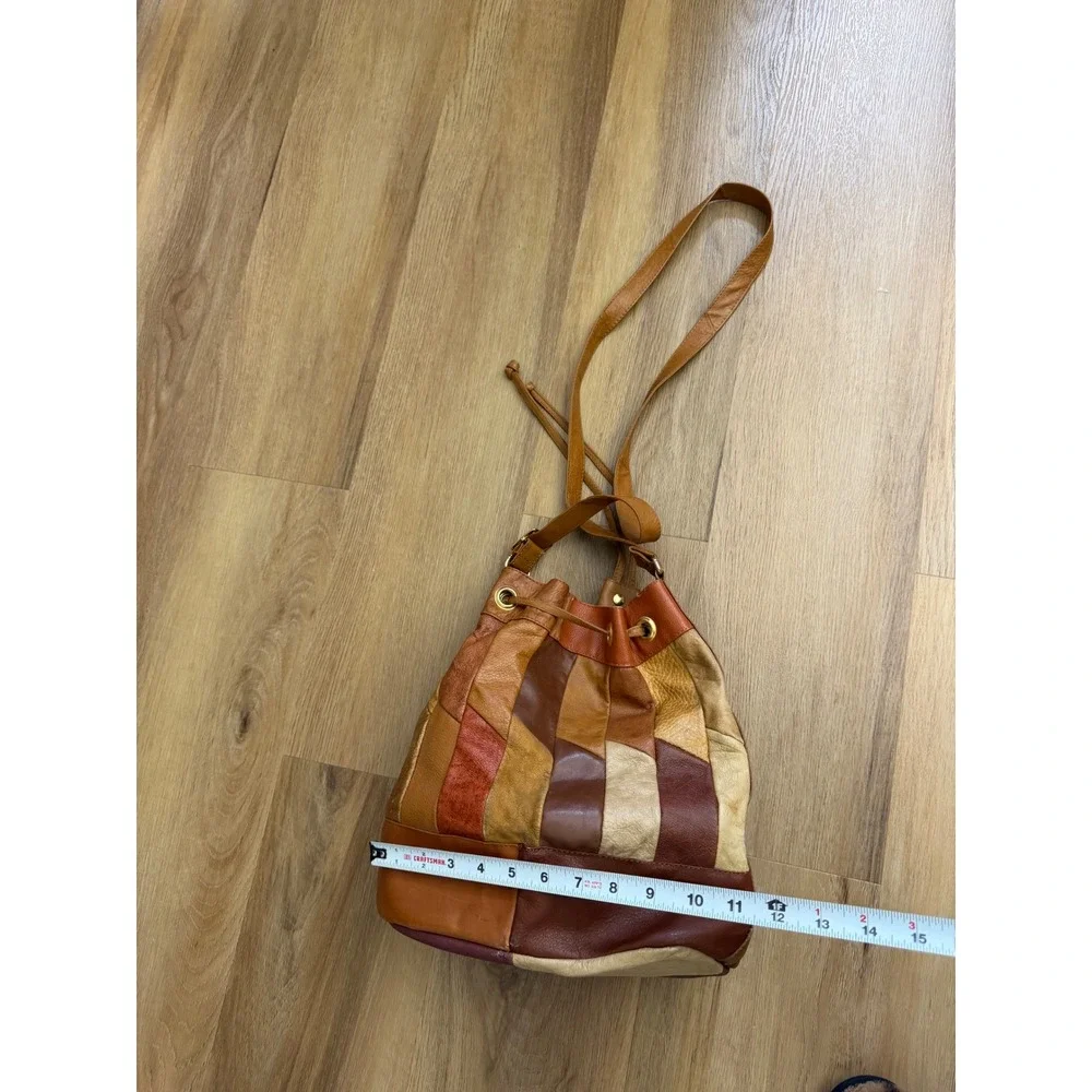 Vintage Leather Patchwork Bucket Bag Drawstring Crossbody Earth Tones Boho